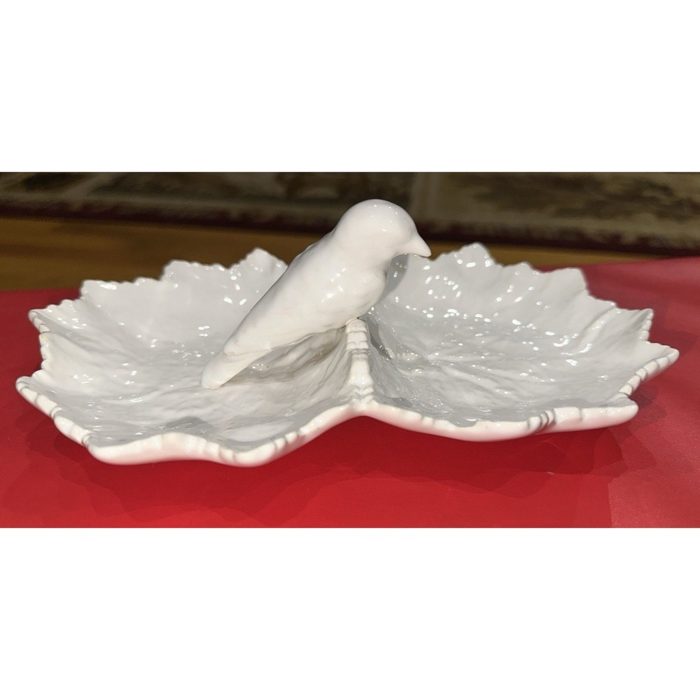 Bordallo Pinheiro White Double Leaf with Blue Bird Candy Dish